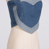 Blue Heart-Patterned Strapless Top / Trendy Stretchy Denim Pants with Hollow Embroidery and Heart Design