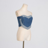 Blue Heart-Patterned Strapless Top / Trendy Stretchy Denim Pants with Hollow Embroidery and Heart Design