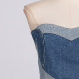 Blue Heart-Patterned Strapless Top / Trendy Stretchy Denim Pants with Hollow Embroidery and Heart Design