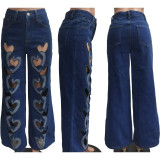 Blue Heart-Patterned Strapless Top / Trendy Stretchy Denim Pants with Hollow Embroidery and Heart Design