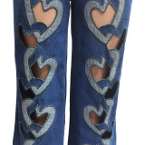 Blue Heart-Patterned Strapless Top / Trendy Stretchy Denim Pants with Hollow Embroidery and Heart Design