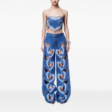 Blue Heart-Patterned Strapless Top / Trendy Stretchy Denim Pants with Hollow Embroidery and Heart Design