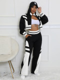 Double-Layer Ribbed Color Block Wide-Leg Flared Pants Two-Piece Set