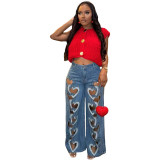 Blue Heart-Patterned Strapless Top / Trendy Stretchy Denim Pants with Hollow Embroidery and Heart Design