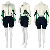 Color-Block Zipper Long Sleeve Slim Fit Shorts Sports Two-Piece Set