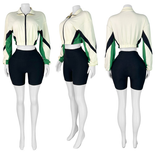Color-Block Zipper Long Sleeve Slim Fit Shorts Sports Two-Piece Set