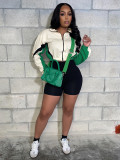 Color-Block Zipper Long Sleeve Slim Fit Shorts Sports Two-Piece Set