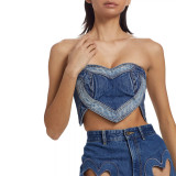Blue Heart-Patterned Strapless Top / Trendy Stretchy Denim Pants with Hollow Embroidery and Heart Design
