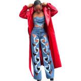 Blue Heart-Patterned Strapless Top / Trendy Stretchy Denim Pants with Hollow Embroidery and Heart Design