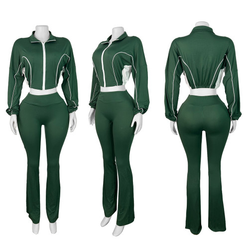 Dual-Color Block Ribbed Zip Micro Flare Two-Piece Pants Set