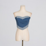 Blue Heart-Patterned Strapless Top / Trendy Stretchy Denim Pants with Hollow Embroidery and Heart Design