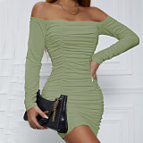 One-Shoulder Long Sleeve Pleated Bodycon Dress