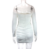 One-Shoulder Long Sleeve Pleated Bodycon Dress