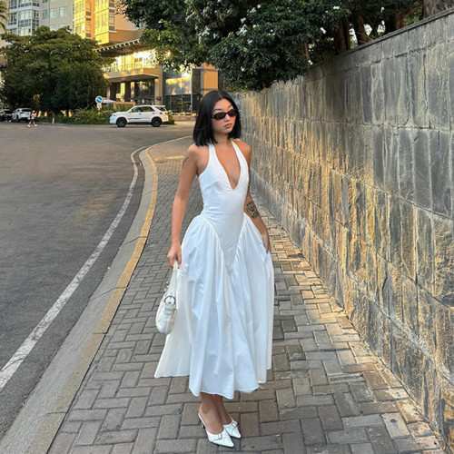 Sexy White V-Neck Halter Dress
