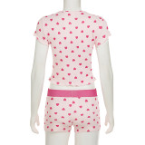 Cute Heart Print Colorblock Ruffled TrimShort Sleeve and Shorts Loungewear Set