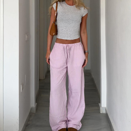 Striped Colorblock Drawstring Wide-Leg Trousers for Casual