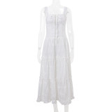 White Embroidered Waist-Cinching Dress