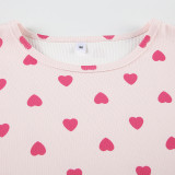 Cute Heart Print Colorblock Ruffled TrimShort Sleeve and Shorts Loungewear Set