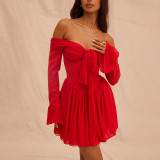 Sexy One-Shoulder Color-Block Belted Dress with Bell Sleeves