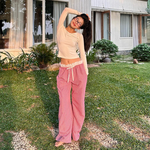 Colorblock Drawstring Wide-Leg Trousers for Casual