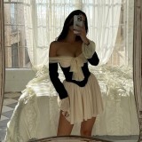 Sexy One-Shoulder Color-Block Belted Dress with Bell Sleeves