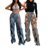Unique Knotted Hollow Stretchy Denim Wide-Leg Jeans
