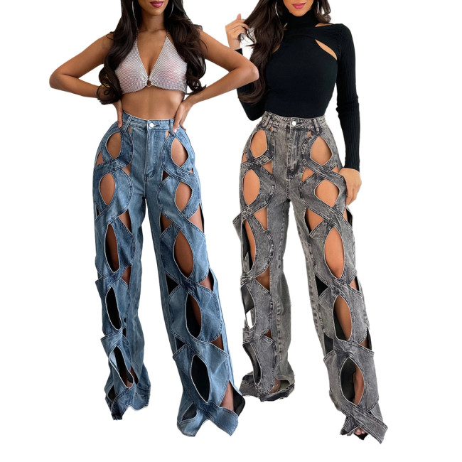 Unique Knotted Hollow Stretchy Denim Wide-Leg Jeans