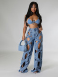 Unique Knotted Hollow Stretchy Denim Wide-Leg Jeans