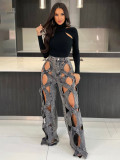 Unique Knotted Hollow Stretchy Denim Wide-Leg Jeans