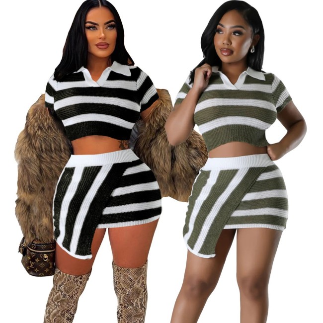 Summer 2 Piece Set Women Knitted Crop Top Mini Crochet Dress Skirt