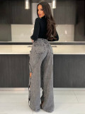 Unique Knotted Hollow Stretchy Denim Wide-Leg Jeans