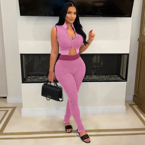 Casual Sexy Knit Crop Top and High-Waisted Pants Two-Piece Set