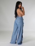 Unique Knotted Hollow Stretchy Denim Wide-Leg Jeans