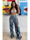 Unique Knotted Hollow Stretchy Denim Wide-Leg Jeans