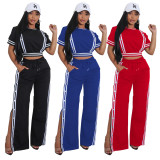 Women's Trendy Wide-Leg Loose Casual Trousers Short Sleeve Crop Top Two-Piece Set