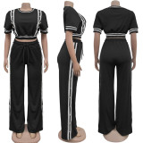 Women's Trendy Wide-Leg Loose Casual Trousers Short Sleeve Crop Top Two-Piece Set