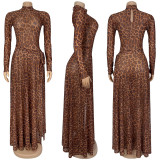 Women Sexy Leopard Print Long Sleeve Slit Dress