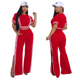 Women's Trendy Wide-Leg Loose Casual Trousers Short Sleeve Crop Top Two-Piece Set