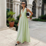 Elegant Cotton Long Waist-Cinching V-Neck Tie-Front Maxi Dress