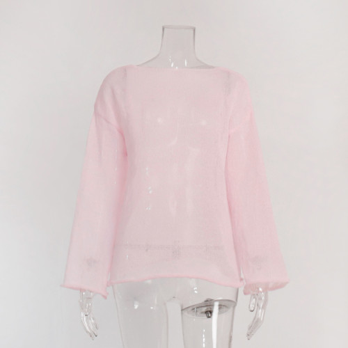 Oversized Round Neck and Flared Sleeves Sheer Hollow-Out Knit Sweater