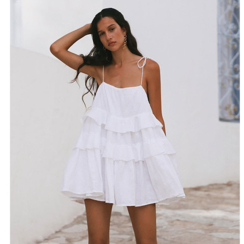 Cotton Multi-layer Ruffled Hem Cake Dress with Short Backless Straps