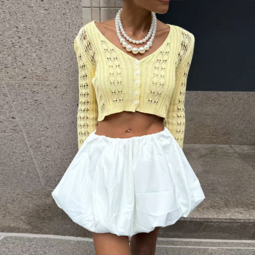 Long Sleeve V-Neck Cropped Sweater Hollow-Out Knit Cardigan for Women