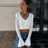 Long Sleeve V-Neck Cropped Sweater Hollow-Out Knit Cardigan for Women