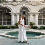 Elegant Cotton Long Waist-Cinching V-Neck Tie-Front Maxi Dress