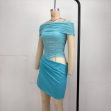 Ihoov Off-Shoulder Mesh Hollow Out Ruffled Crop Dress