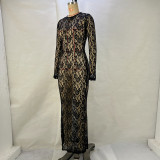 Ihoov Lace Sheer Long Sleeve Midi Dress