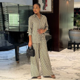 Fashion Casual Printed Long-Sleeve Shirt and Wide-Leg Pants Two-Piece Set for Women