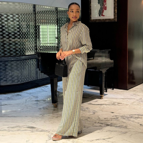 Fashion Casual Printed Long-Sleeve Shirt and Wide-Leg Pants Two-Piece Set for Women