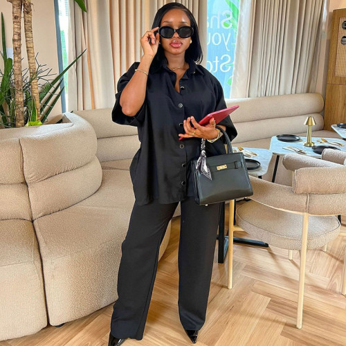 Casual Loose-Fit Shirt and Wide-Leg Pants Two-Piece Set