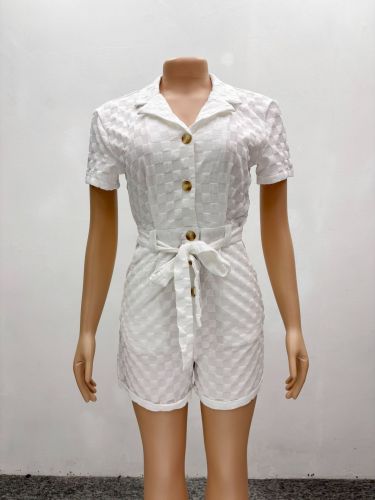 Casual Collared Tie Waist Short Sleeve Jumpsuit